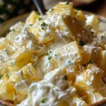 Close-up view of a creamy Pineapple Fluff Salad with pineapple chunks and marshmallows.