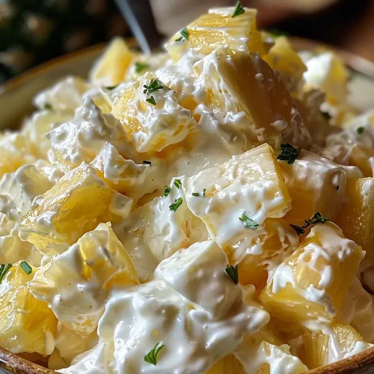 The Pineapple Fluff Salad That Turns Every Gathering into a Celebration Close-up view of a creamy Pineapple Fluff Salad with pineapple chunks and marshmallows.