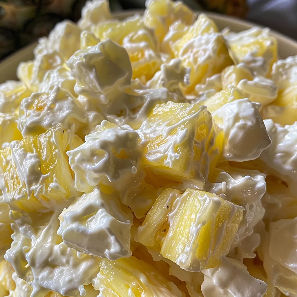 Side view of a refreshing Pineapple Fluff Salad in a bowl, featuring colorful fruit and fluffy texture.