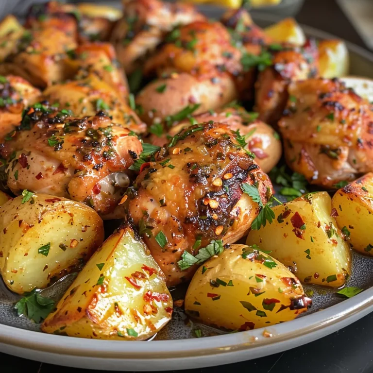 Close-up view of a skillet filled with garlic butter chicken and potatoes, garnished with parsley.