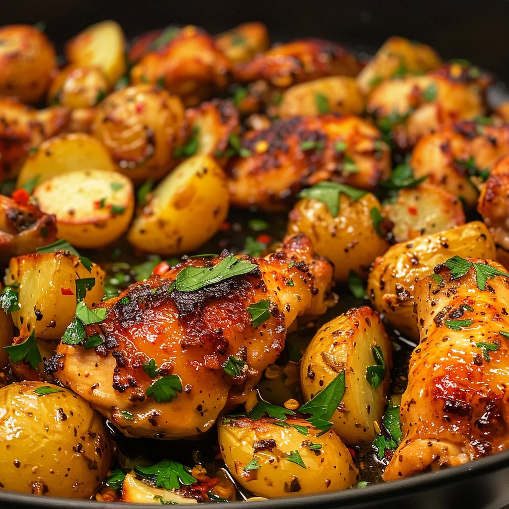 Juicy pieces of chicken and golden potatoes cooking in a buttery garlic sauce, presented in a skillet.