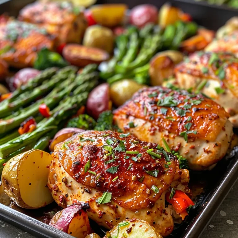 Close-up of juicy garlic butter chicken surrounded by colorful vegetables on a sheet pan.