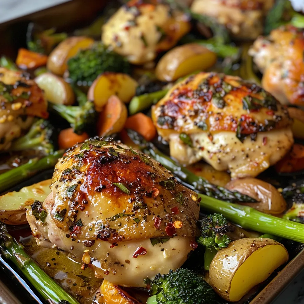 Side view of a plated sheet pan meal featuring chicken breasts and vibrant veggies.
