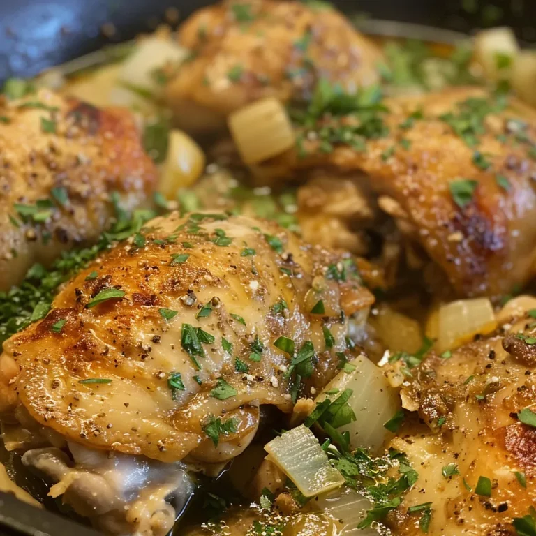 Hearty Smothered Chicken: A Warm Embrace from the Kitchen Close-up side view of juicy smothered chicken with creamy sauce.