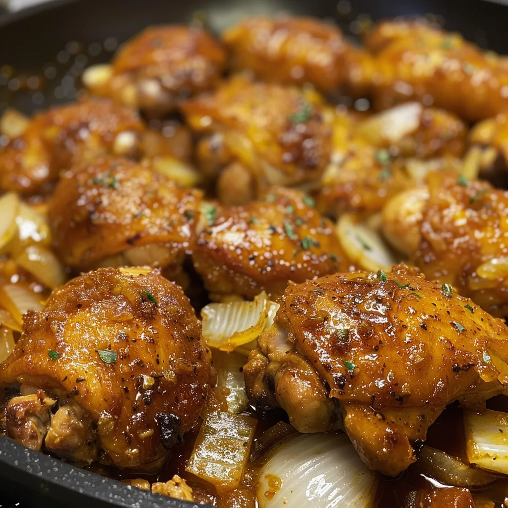 Tender chicken breast covered in rich gravy and sliced onions.