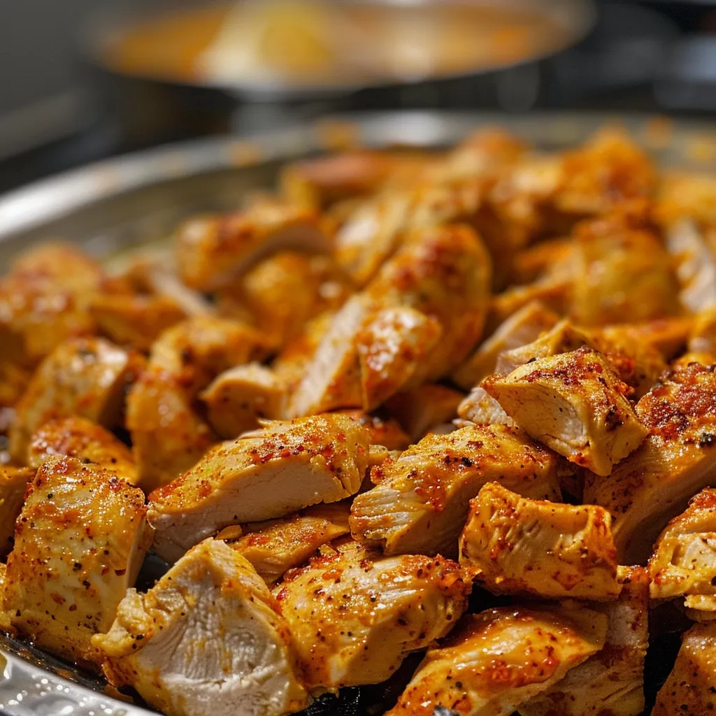 Sliced, golden-brown spicy chicken garnished with spices and herbs.