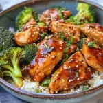 Close-up view of sticky chicken bowls featuring chicken, broccoli, and rice.