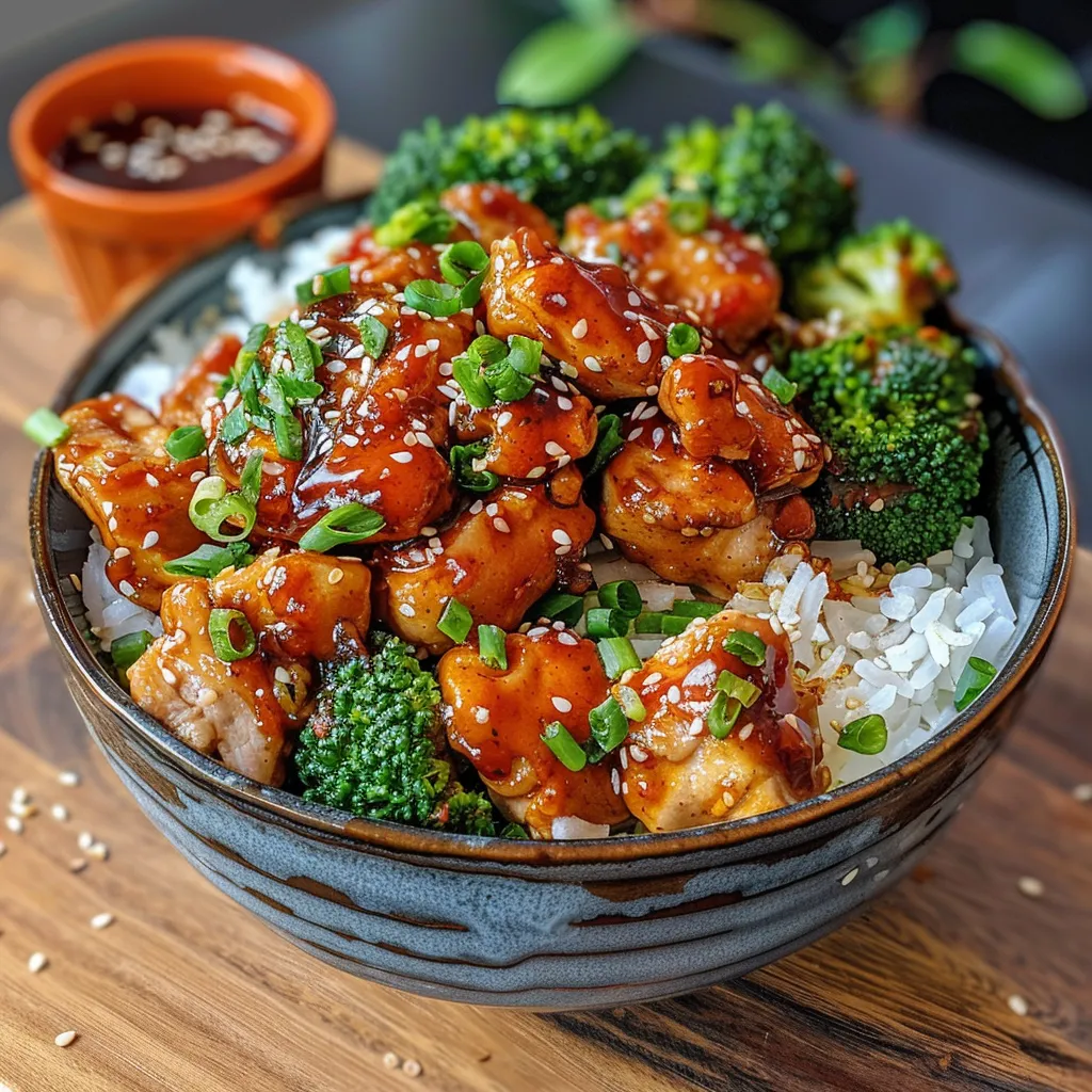 A vibrant sticky chicken bowl showcasing juicy chicken and fresh vegetables.