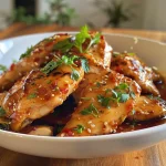 Juicy Sticky Pantry Chicken Thighs garnished and served on a plate.