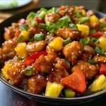 Close-up view of juicy Sweet and Sour Chicken featuring colorful bell peppers and pineapple chunks.