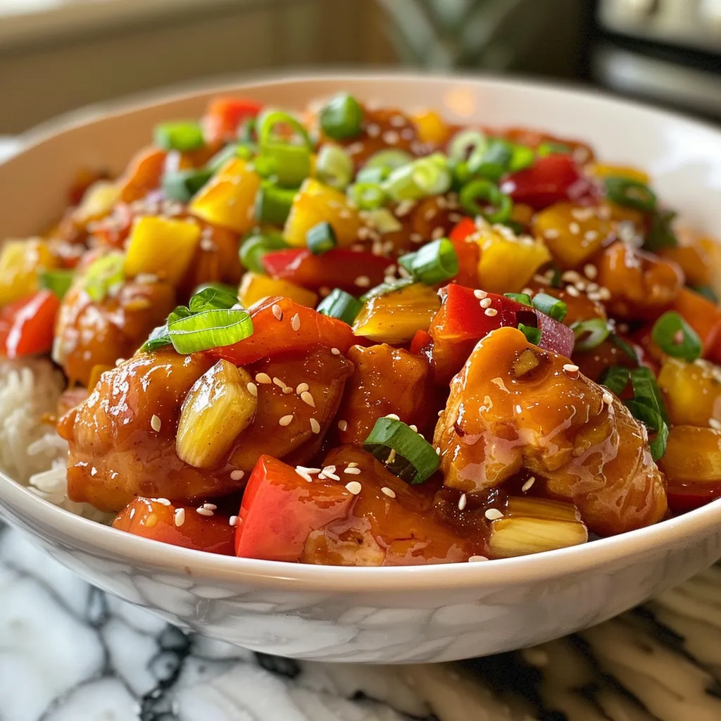 Side view of Sweet and Sour Chicken with a shiny glaze, garnished with sesame seeds and green onions.