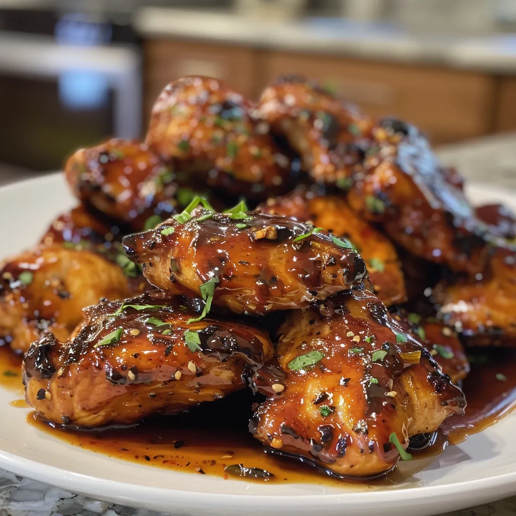 Side view of succulent chicken breasts glazed in a sweet and spicy sauce.