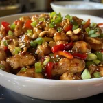 Close-up view of juicy Szechuan chicken with colorful bell peppers and green onions.