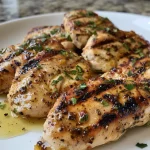 Close-up view of juicy yogurt marinated chicken cutlets on a plate.