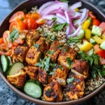 A close-up view of a Chicken Shawarma Bowl filled with colorful fresh ingredients.