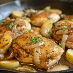 Close-up of a colorful Autumn Harvest Chicken Skillet featuring chicken breasts, sliced apples, and sautéed onions.