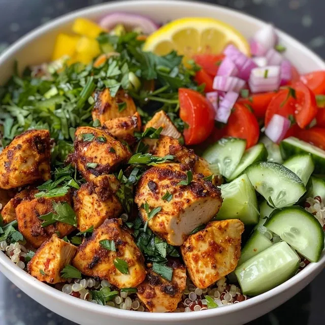 A vibrant Chicken Shawarma Bowl featuring juicy chicken, quinoa, and assorted vegetables.