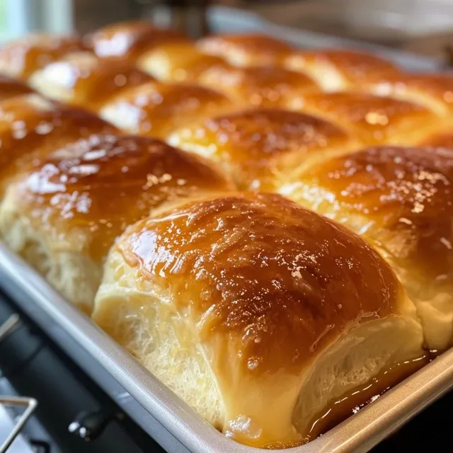 A collection of warm, shiny dinner rolls displayed on a wooden surface.