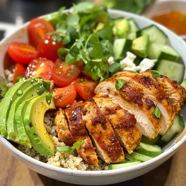 Side view of a quinoa bowl featuring juicy grilled chicken and fresh vegetables.