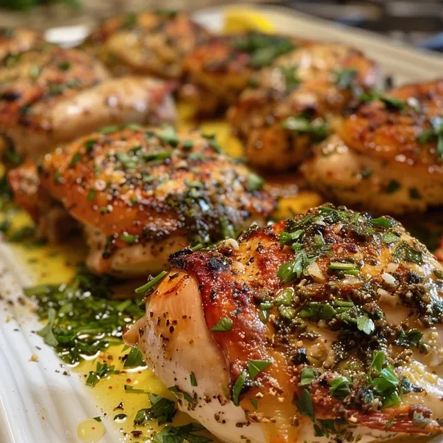 Side view of succulent chicken breasts garnished with parsley and garlic.