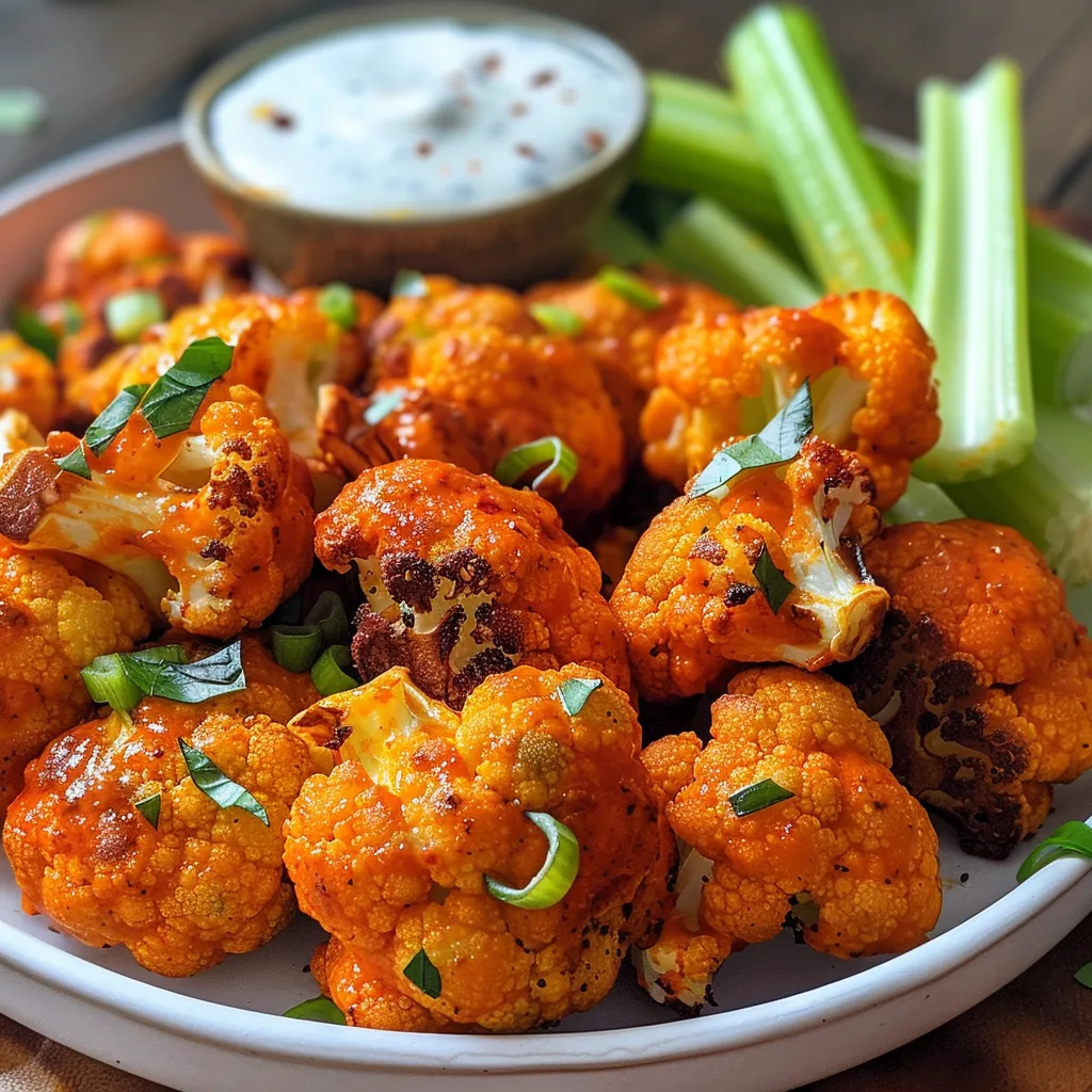 Close-up view of crispy buffalo cauliflower bites garnished with plant-based sauce.