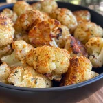Close-up of golden-brown Air Fryer Cauliflower Bites garnished with spices.