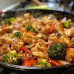 Close-up view of a colorful chicken skillet with broccoli, bell pepper, and onion.