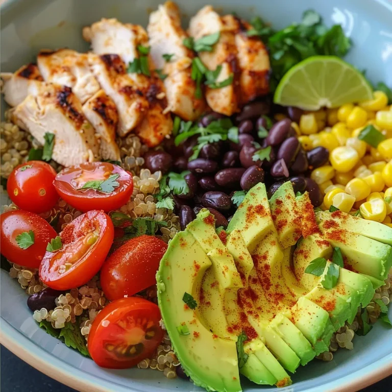 The Avocado Chicken Quinoa Bowl That Brings Sunshine to Your Table A vibrant avocado chicken quinoa bowl topped with cherry tomatoes and fresh cilantro.
