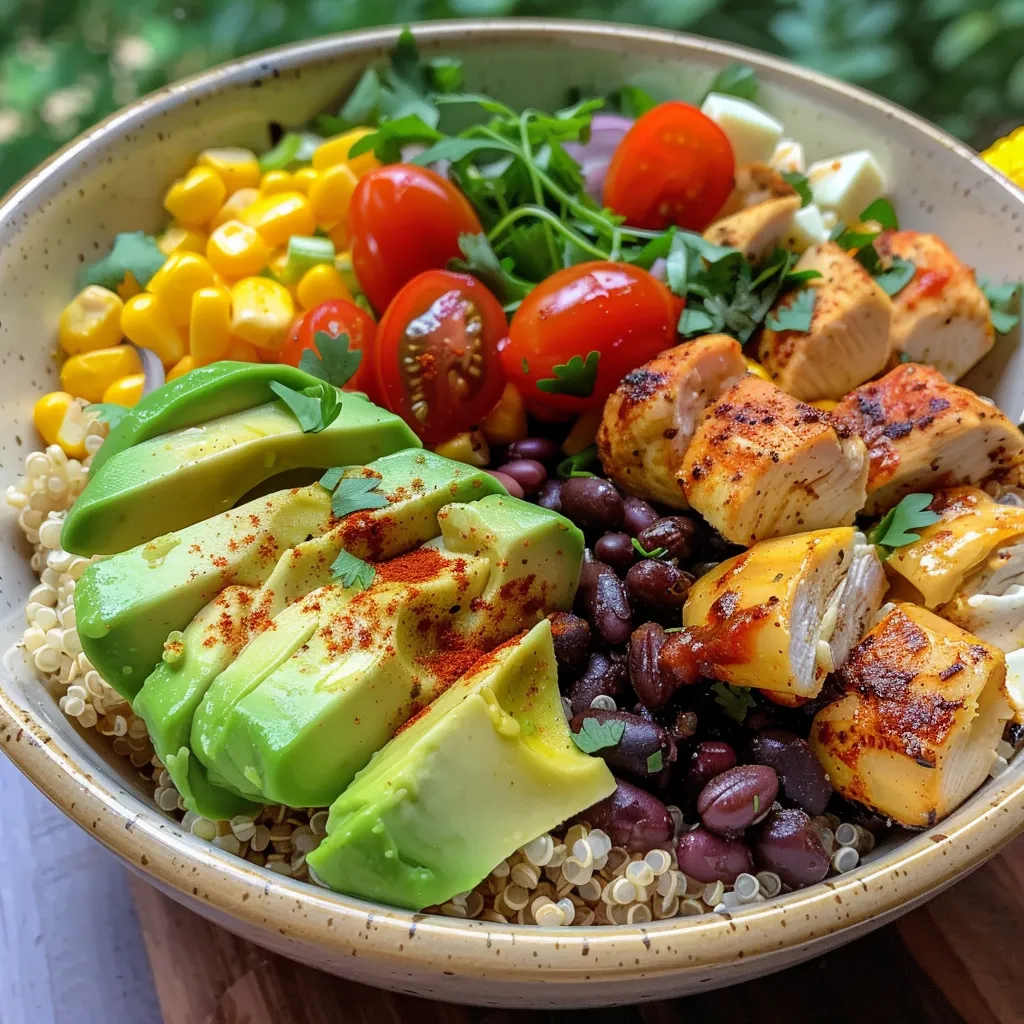 Close-up of a quinoa bowl featuring cubed chicken, black beans, and creamy lime dressing.