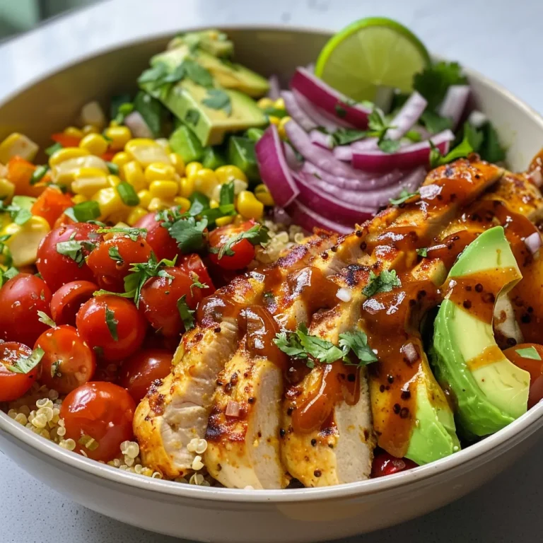 Close-up of BBQ Ranch Chicken Quinoa Bowl with colorful toppings.