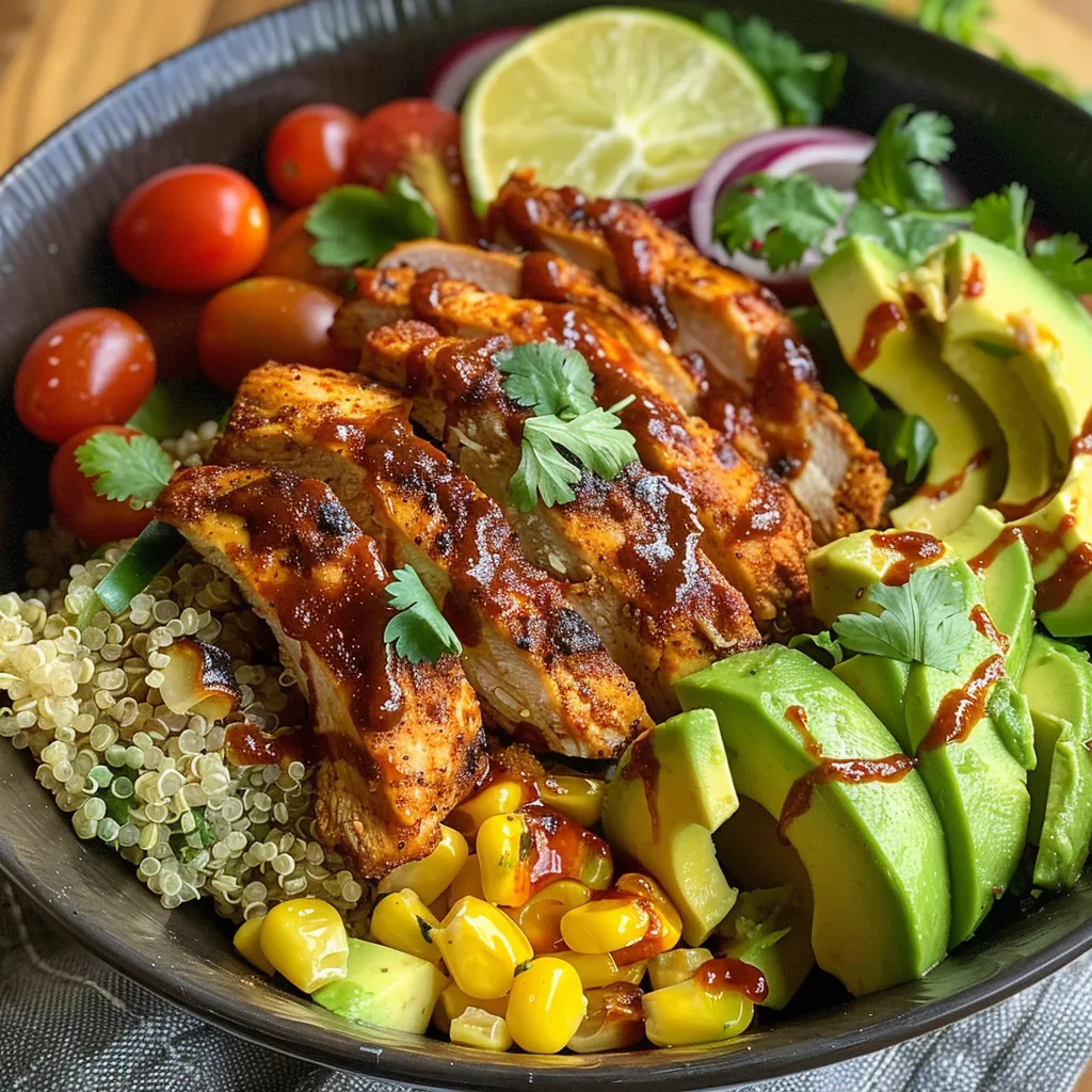 Side view showing quinoa, chicken, and fresh vegetables in a bowl.