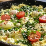 Close-up view of a cottage cheese egg scramble with fresh spinach and cheese.