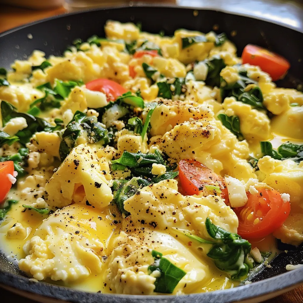 Side angle of a vibrant egg scramble featuring cottage cheese and vegetables.