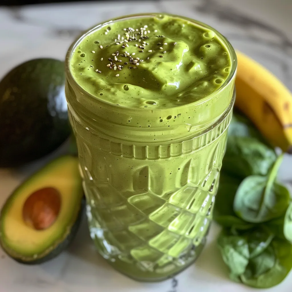 A side view photo of a thick avocado smoothie, showcasing its rich, creamy texture and vibrant color.