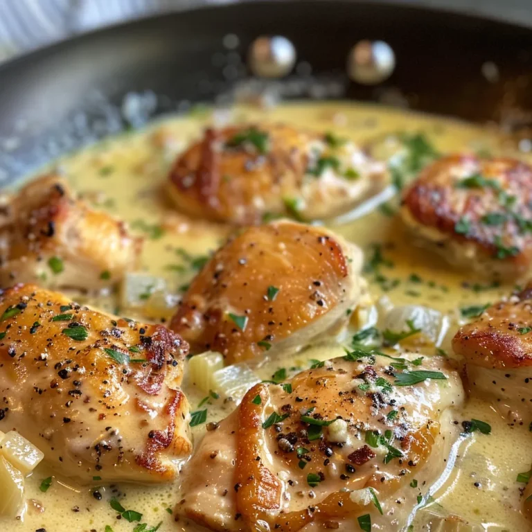 Close-up view of a creamy chicken skillet with golden chicken and a rich sauce.