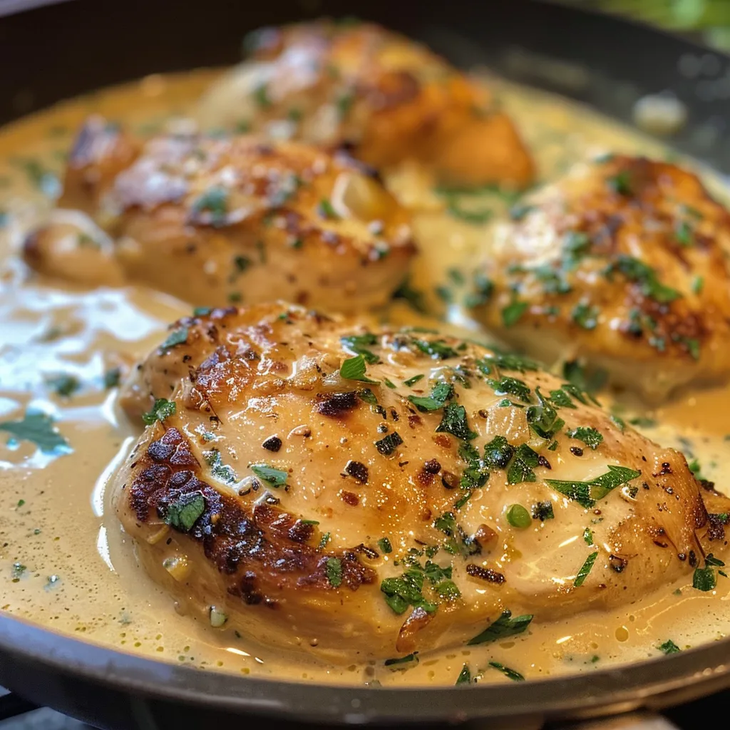 Juicy chicken breasts in a creamy sauce, garnished with fresh parsley.