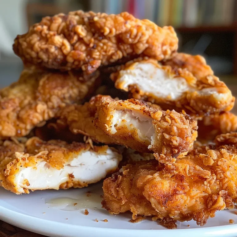 The Crunchy Delight of Chicken Tenders That Warm the Heart Golden-brown crispy fried chicken tenders arranged on a plate.