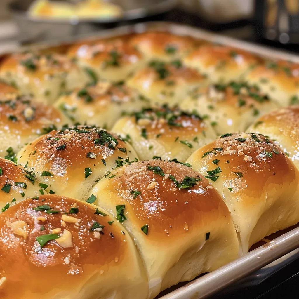 Soft and fluffy dinner rolls brushed with garlic butter, displayed from the side.