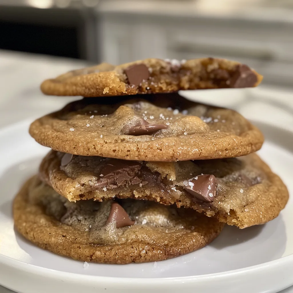 Side view of freshly baked chocolate chip cookies on a plate.