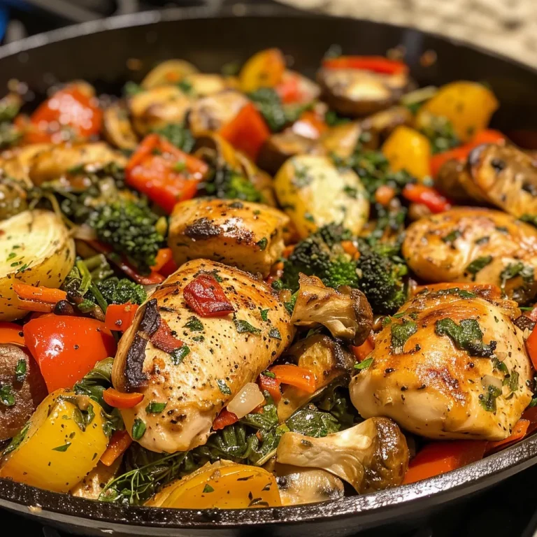 Close-up of a colorful chicken and vegetable skillet showcasing juicy pieces of chicken and vibrant veggies.