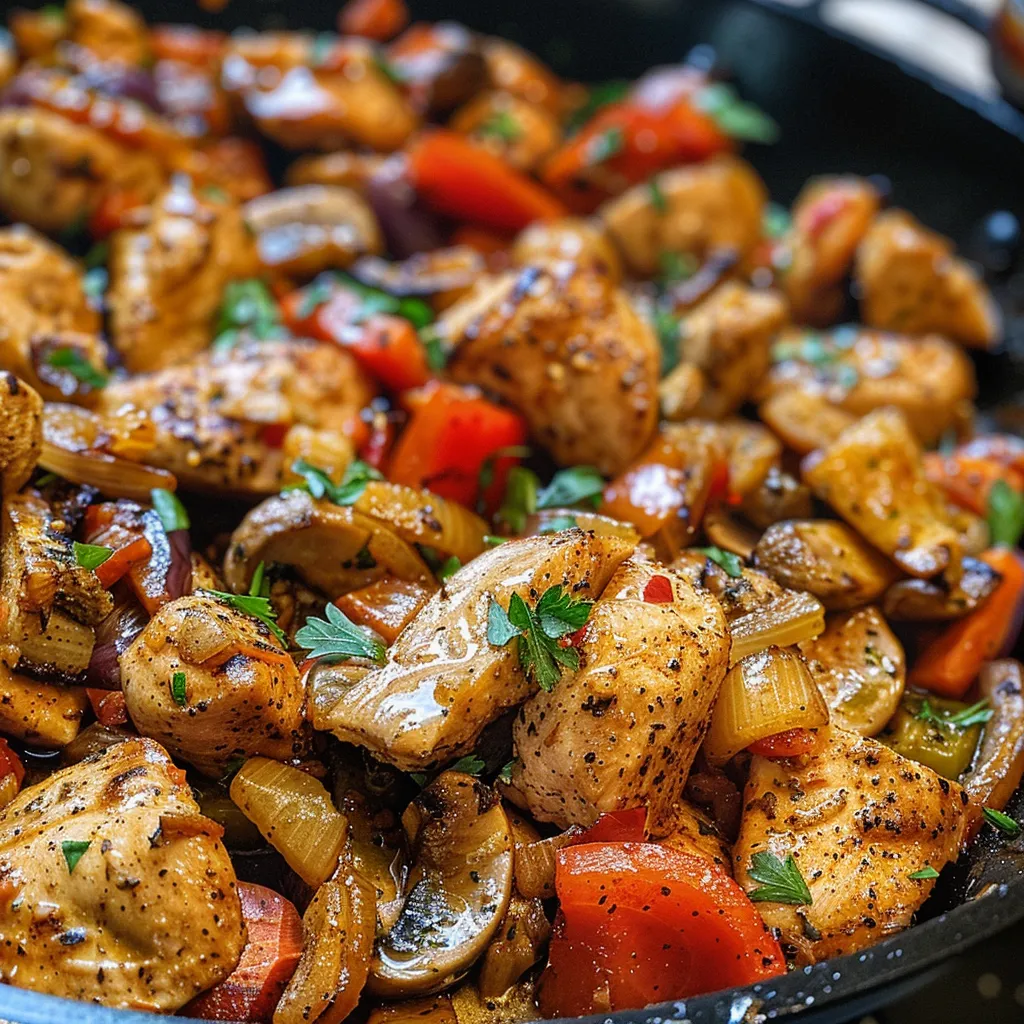 Side view of a flavorful chicken skillet filled with assorted vegetables, glistening with juices.