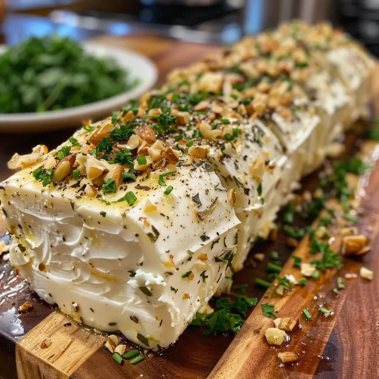 A close-up view of a Garlic Herb Cheese Log decorated with nuts.