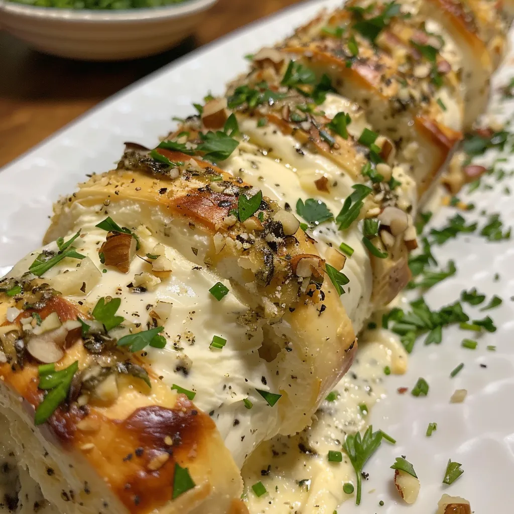 Side view of a creamy cheese log coated in chopped herbs and nuts.