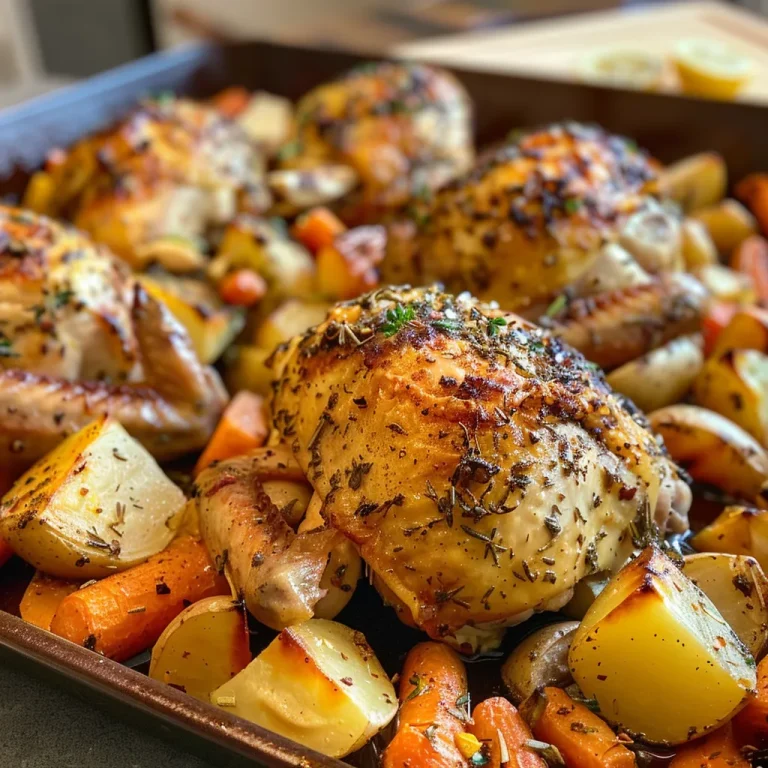 Close-up view of a juicy Garlic Herb Roasted Chicken with potatoes and carrots.