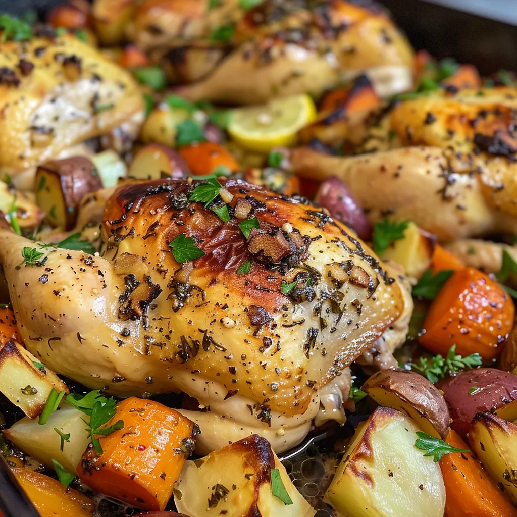 Side view of succulent roasted chicken thighs garnished with herbs and lemon slices.