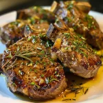 Juicy garlic lamb chops garnished with fresh rosemary on a plate.