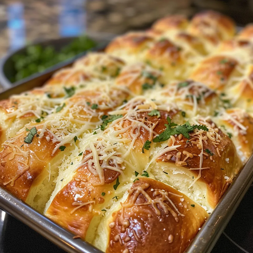 Side view of fluffy rolls topped with garlic and Parmesan, freshly baked.