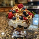 Close-up of a Greek yogurt parfait featuring layers of mixed berries and slivered almonds.