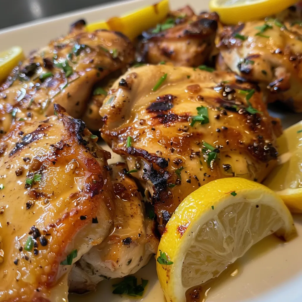 Side view of golden-brown grilled chicken breasts with citrus glaze.