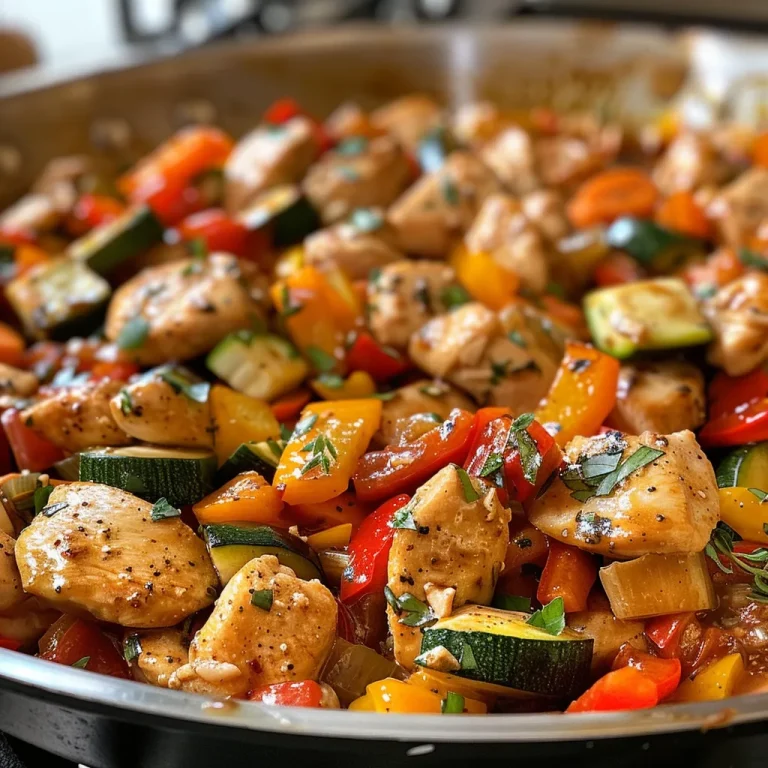 The One-Pan Chicken Skillet That Revives Family Dinners Juicy chicken and colorful vegetables in a skillet, captured from the side.